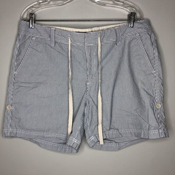 Eddie Bauer Women's 14 Blue‎ Hickory Striped Drawstring Roll Up Casual Shorts - Picture 1 of 5